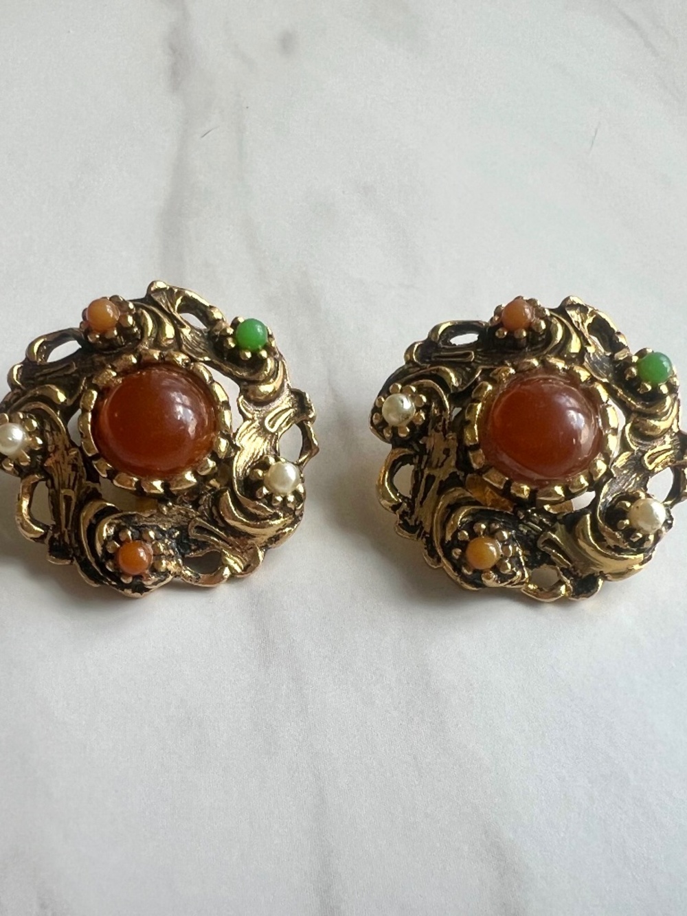 Vintage Clip On Earrings Ornate Antiqued Gold Tone with Faux Gemstones